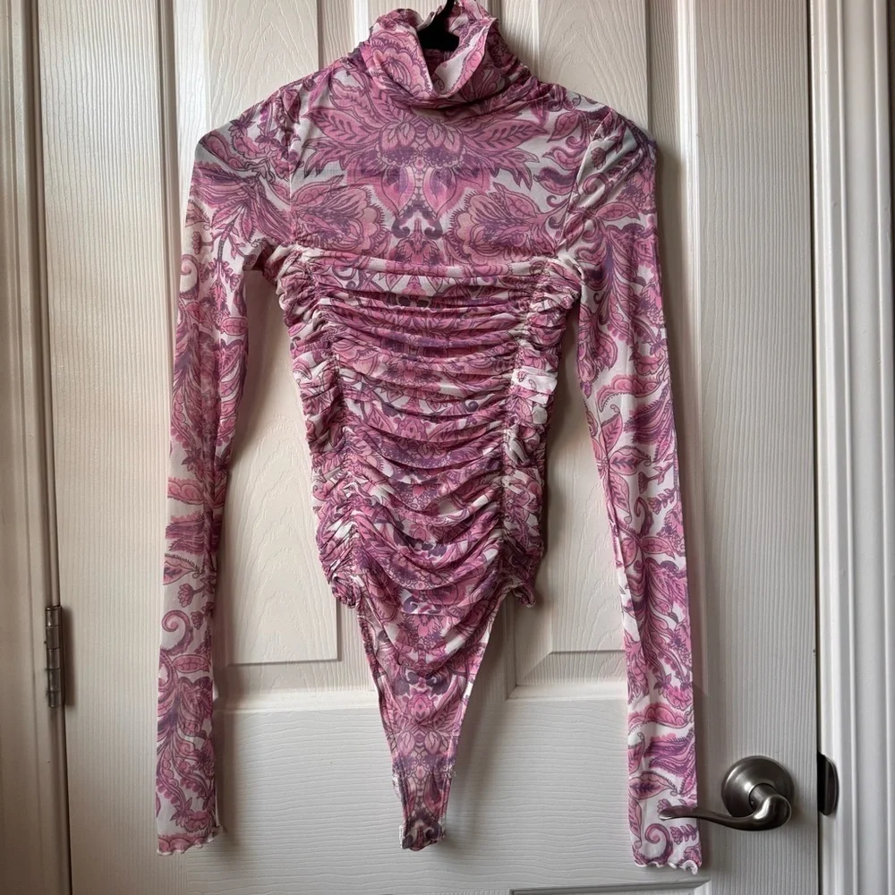 Free People X REVOLVE Under It All Bodysuit Ruched Long Sleeve Peony Combo XS